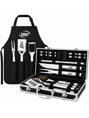 Black Stainless Steel BBQ Tool Set with Apron and Carry Case - Kaluns